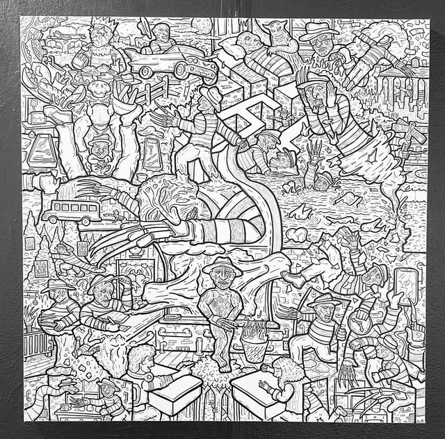 Detailed black and white line artwork
